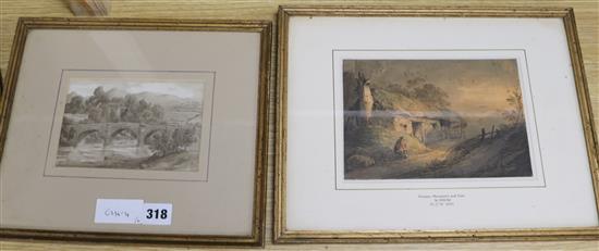 William Payne & Thomas Barker; two watercolours, Between Monmouth and Ross, and New Bridge, Wales 14 x 20cm & 10 x 16cm.